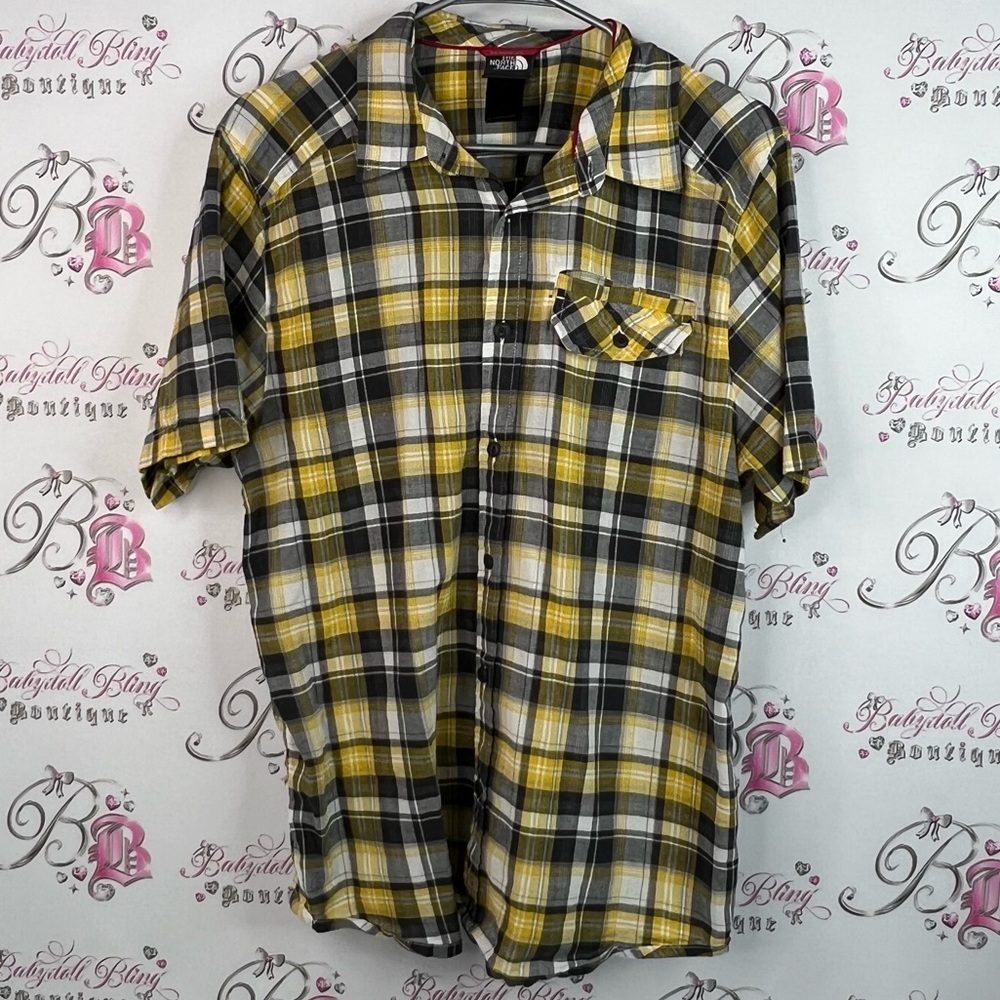 The North Face button up tshirt stripe Yellow and Black Plaid Button Down Shirt